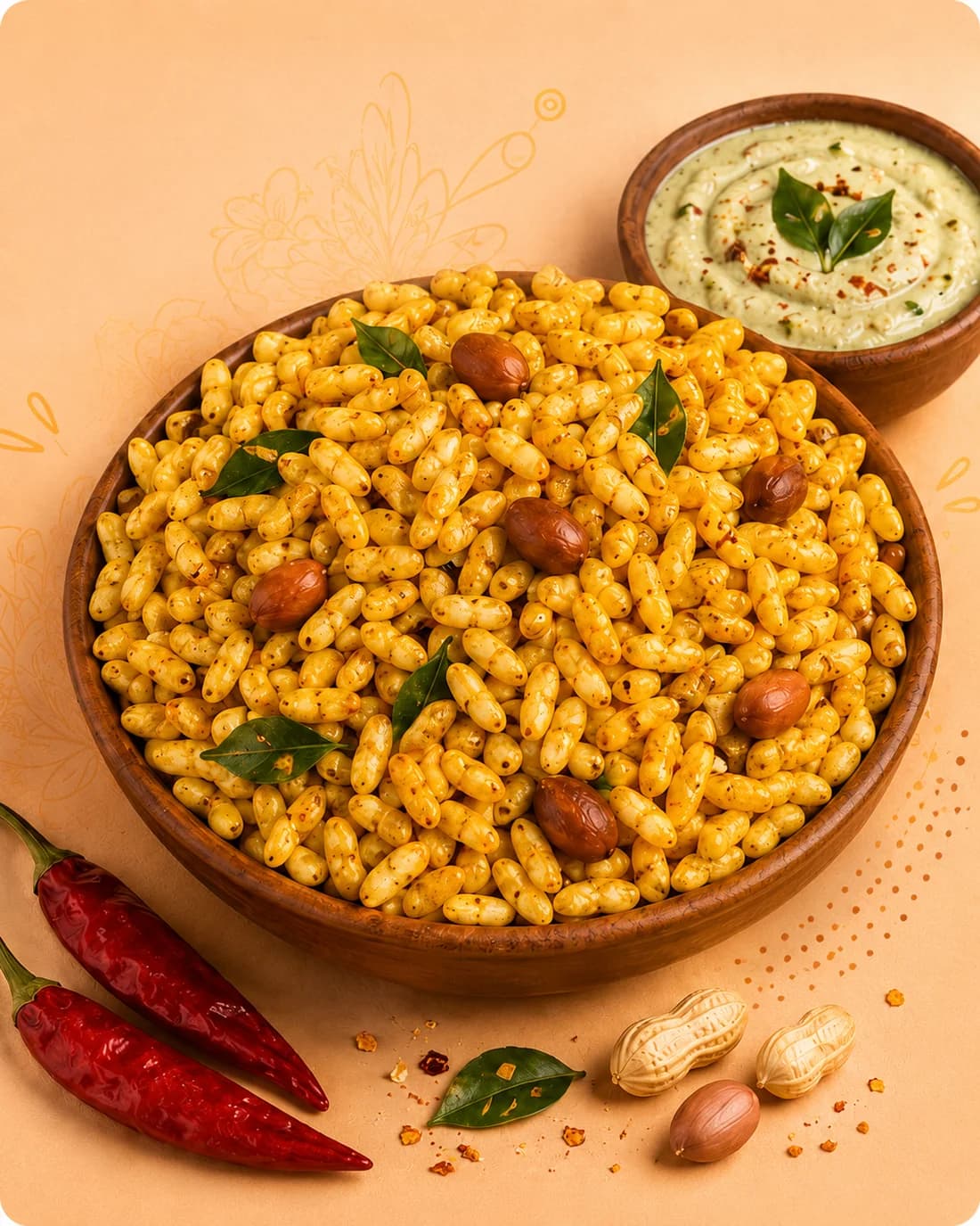 A generous bowl of Kolhapuri Amba Bhadang with green chutney, red chillies, peanuts and curry leaves