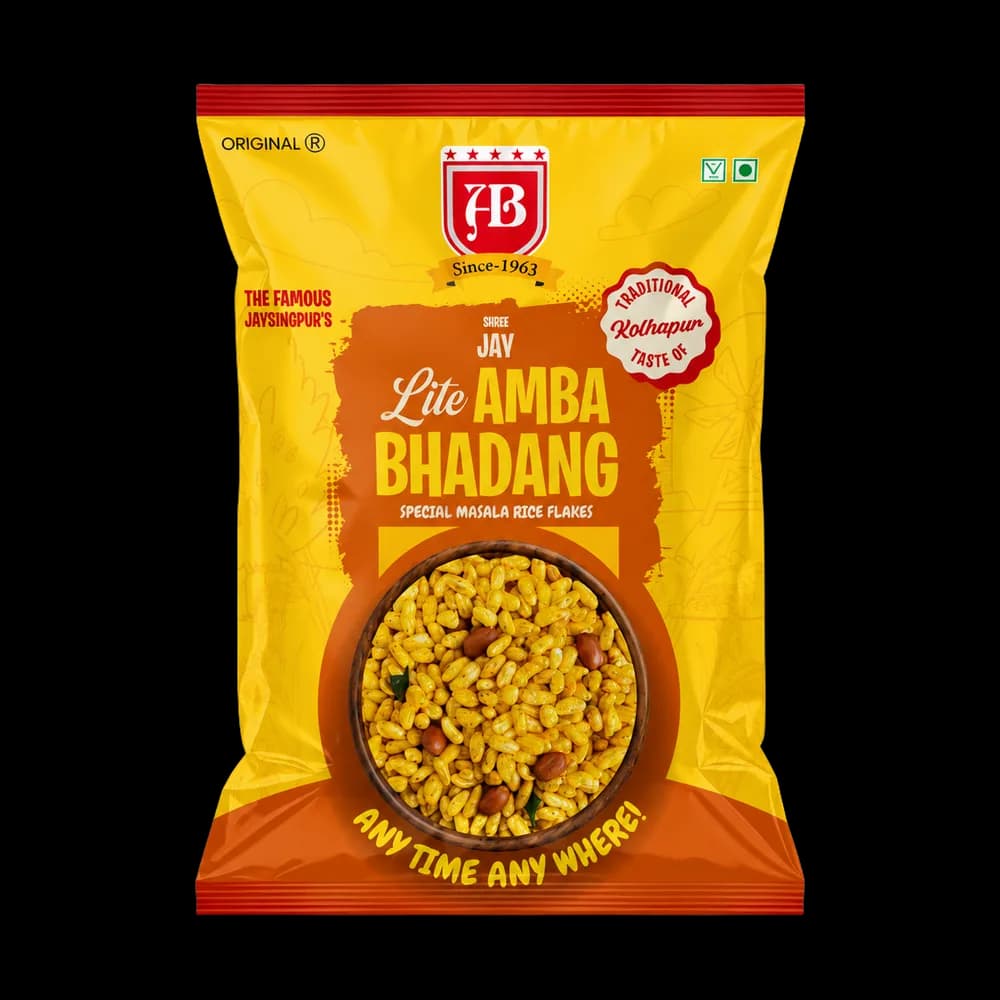 Lite Amba Bhadang pack, lightly seasoned special masala rice flakes in an orange and yellow packet