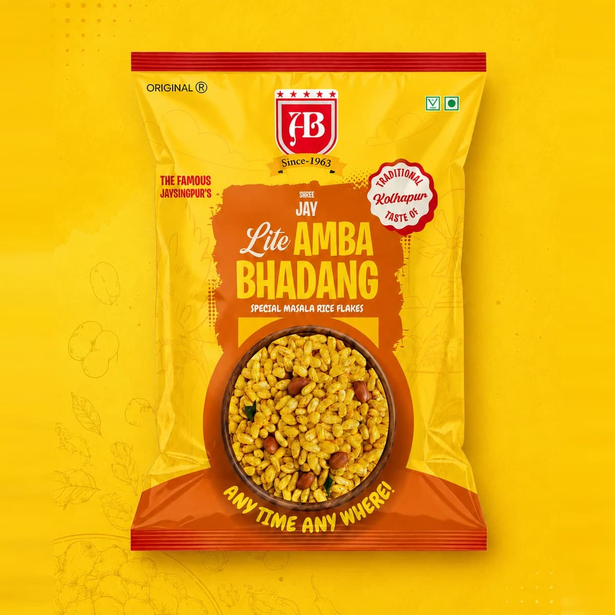Lite Amba Bhadang pack on a bright yellow backdrop with Kolhapuri snack illustrations