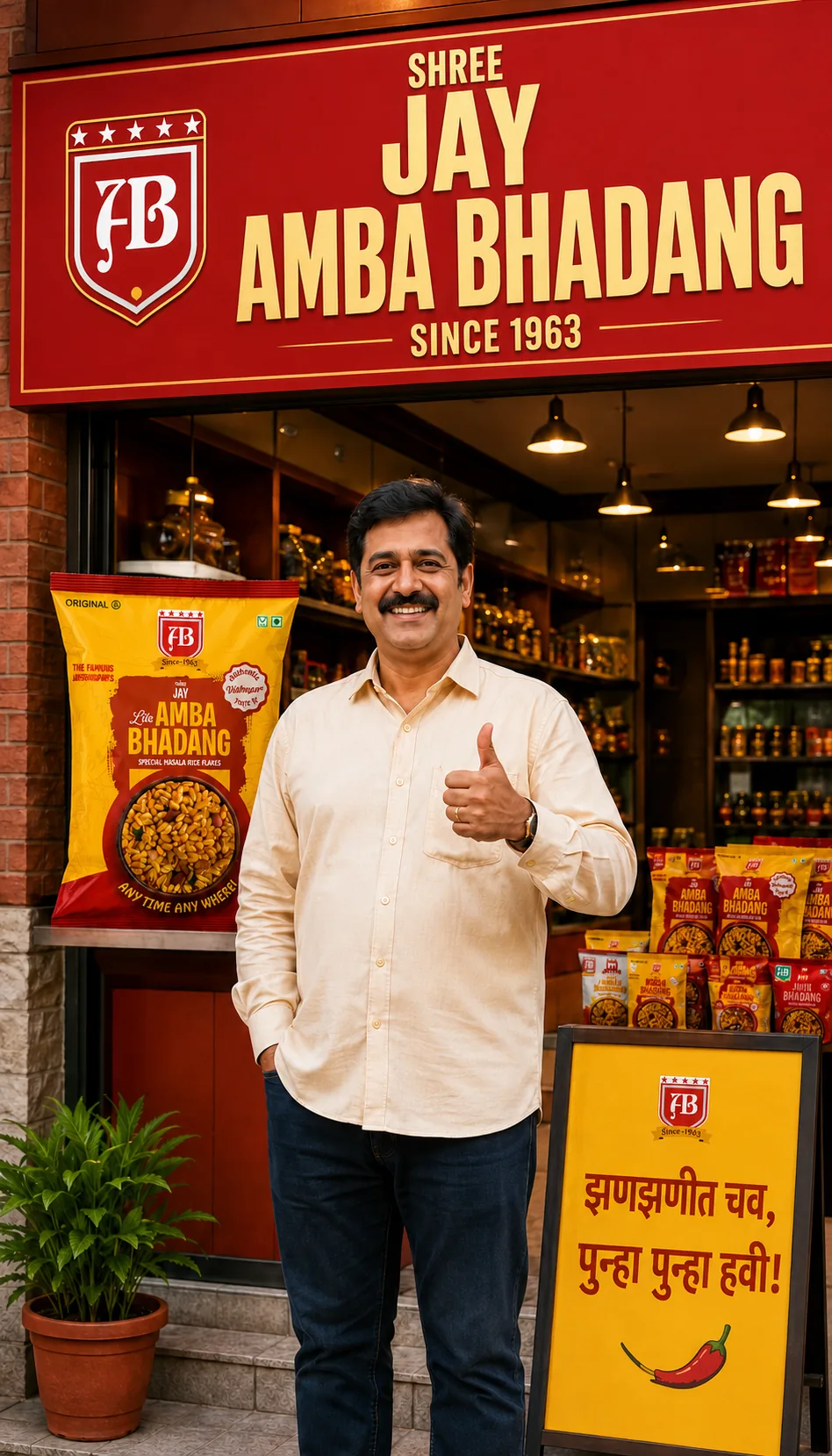 @jayambabhadang post, thumbs up outside the Jay Amba Bhadang store