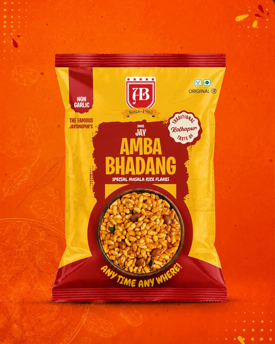 Shree Jay Amba Bhadang Non-Garlic pack — special masala rice flakes — on a vivid orange Kolhapuri backdrop