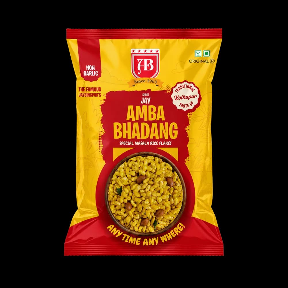Shree Jay Amba Bhadang Non-Garlic pack, special masala rice flakes in a red and yellow packet