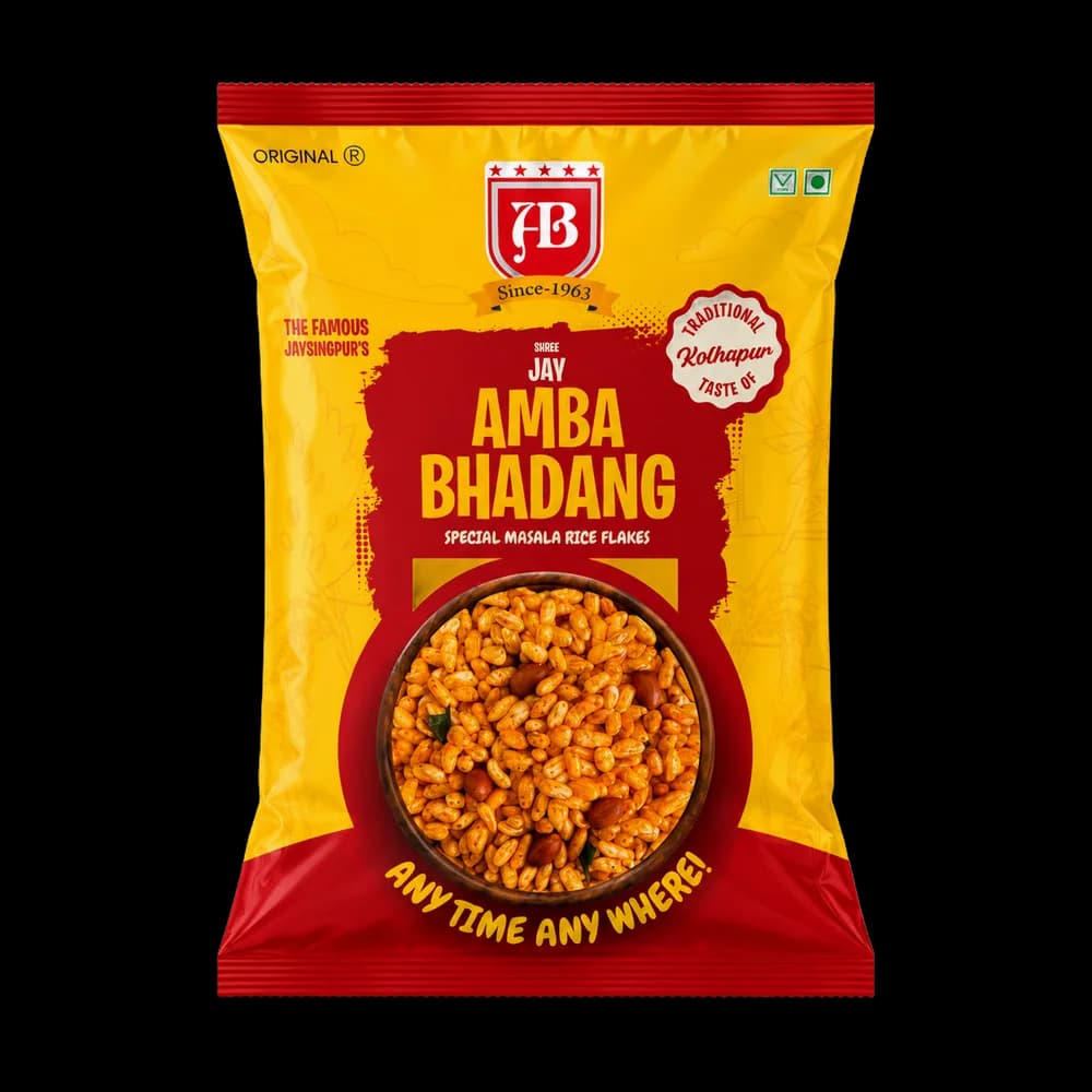 Shree Jay Amba Bhadang Original pack, special masala rice flakes in a red and yellow packet