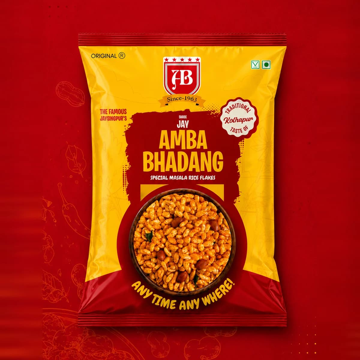 Amba Bhadang Original pack on a deep red backdrop with Kolhapuri snack illustrations