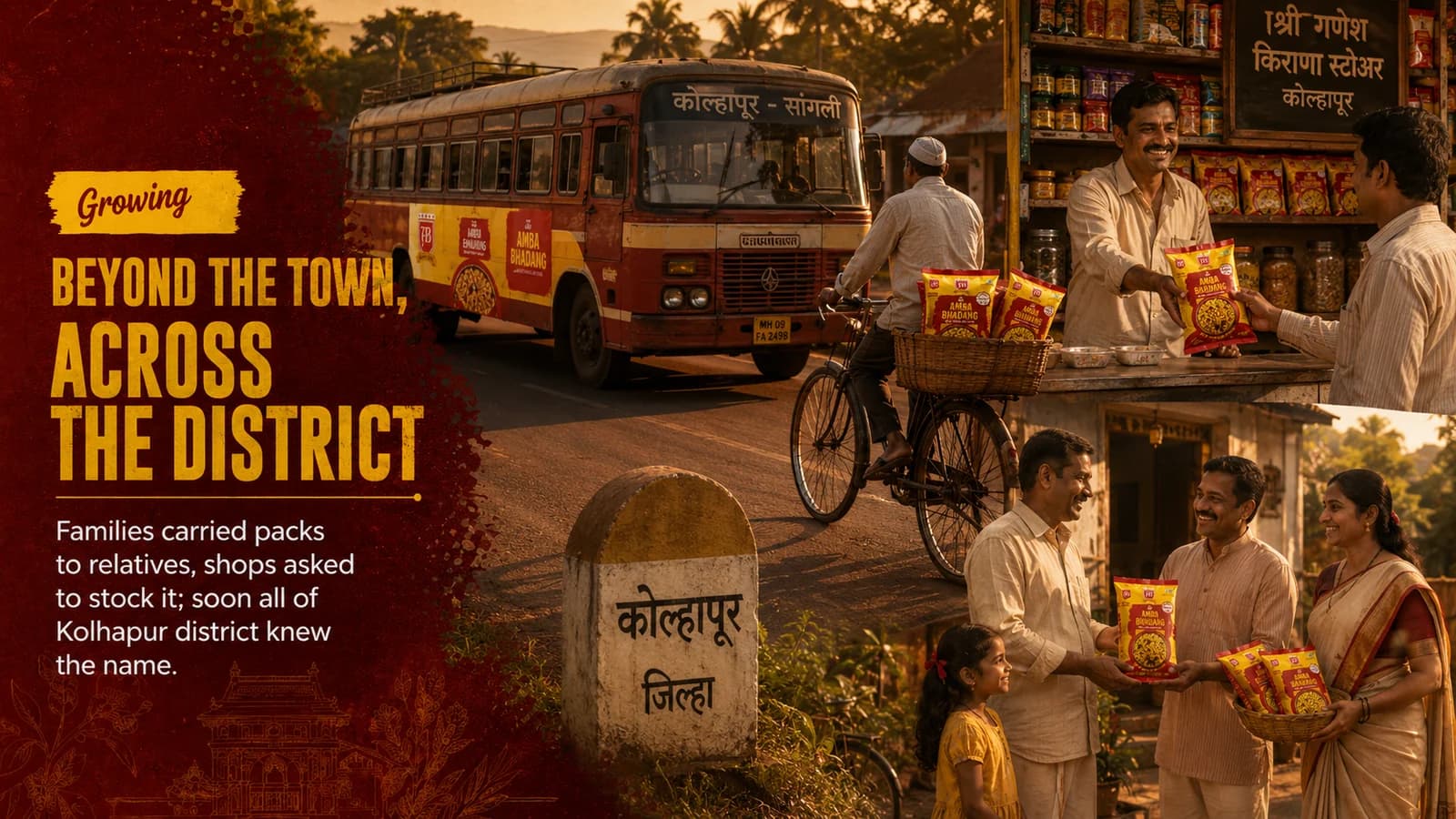 Growing. Beyond the town, across the district. Families carried packs to relatives and shops across Kolhapur district.