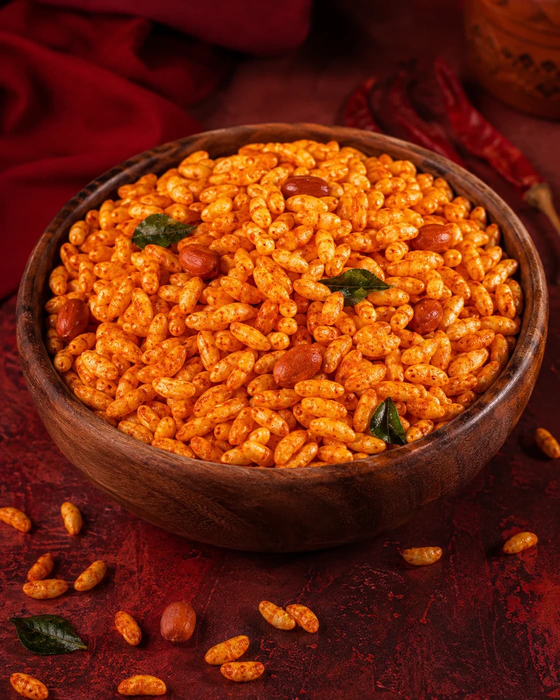 Golden Kolhapuri bhadang after roasting in traditional masala