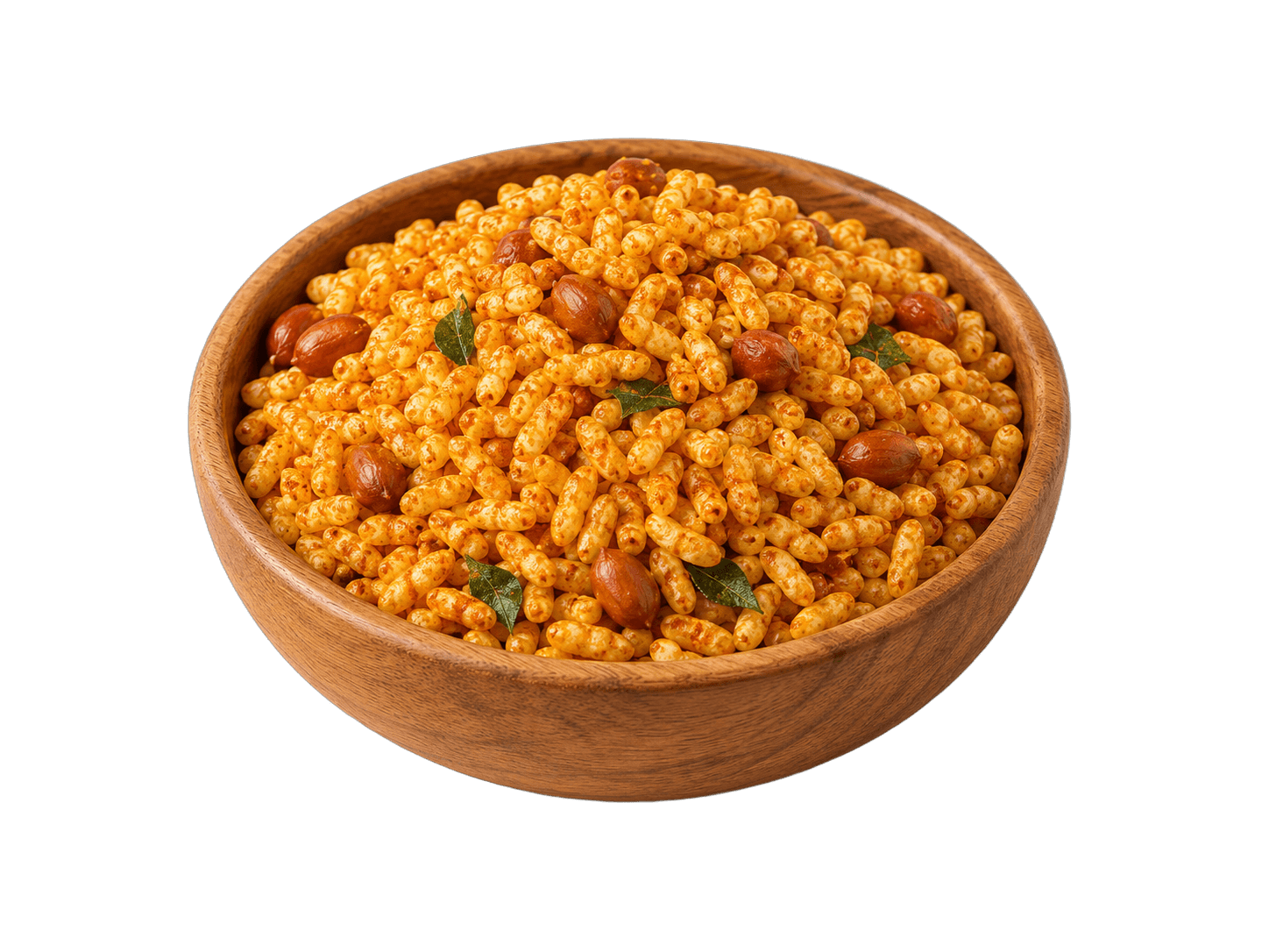 A bowl of Kolhapuri bhadang: masala-coated puffed rice with roasted peanuts and curry leaves